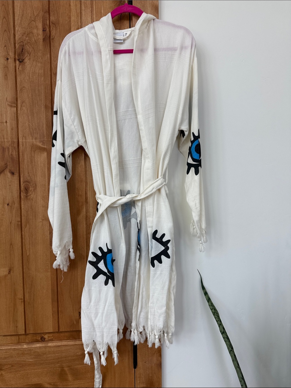 White Hooded Fringe Robe with Blue Eye Motif - Unbranded